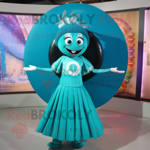 Teal Plate Spinner mascot costume character dressed with a Skirt and Hairpins