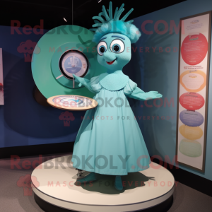 Teal Plate Spinner mascot costume character dressed with a Skirt and Hairpins