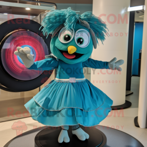 Teal Plate Spinner mascot costume character dressed with a Skirt and Hairpins