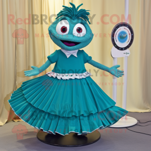 Teal Plate Spinner mascot costume character dressed with a Skirt and Hairpins