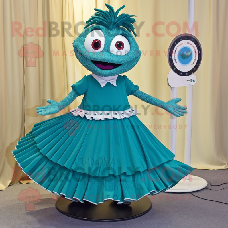 Teal Plate Spinner mascot costume character dressed with a Skirt and Hairpins Teal Plate Spinner mascot costume character dressed with a Skirt and Hairpins