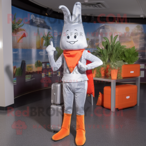 Silver Carrot mascot costume character dressed with a Flare Jeans and Briefcases