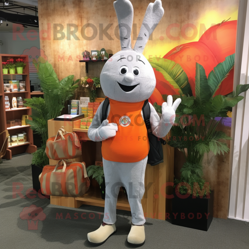 Silver Carrot mascot costume character dressed with a Flare Jeans and Briefcases Silver Carrot mascot costume character dressed with a Flare Jeans and Briefcases