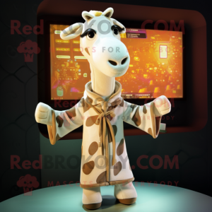 Cream Giraffe mascot costume character dressed with a Hoodie and Shawls