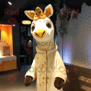 Cream Giraffe mascot costume character dressed with a Hoodie and Shawls