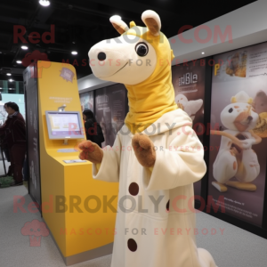 Cream Giraffe mascot costume character dressed with a Hoodie and Shawls