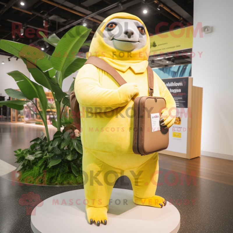 Lemon Yellow Giant Sloth mascot costume character dressed with a Dress Pants and Wallets