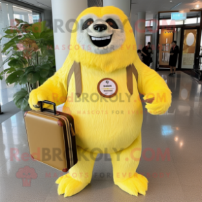 Lemon Yellow Giant Sloth mascot costume character dressed with a Dress Pants and Wallets