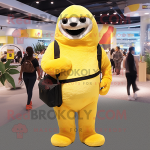 Lemon Yellow Giant Sloth mascot costume character dressed with a Dress Pants and Wallets