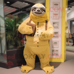 Lemon Yellow Giant Sloth mascot costume character dressed with a Dress Pants and Wallets