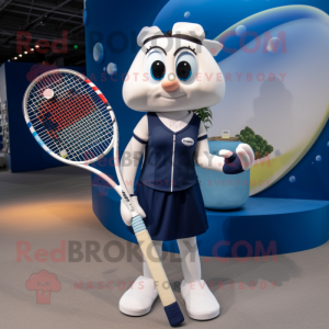 Navy Tennis Racket mascot costume character dressed with a Midi Dress and Tie pins