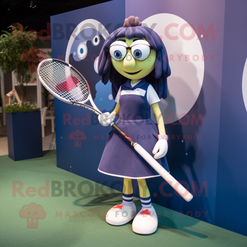 Navy Tennis Racket mascot costume character dressed with a Midi Dress and Tie pins Navy Tennis Racket mascot costume character dressed with a Midi Dress and Tie pins