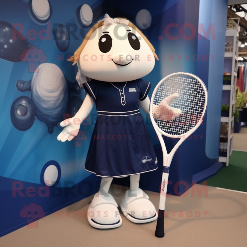 Navy Tennis Racket mascot costume character dressed with a Midi Dress and Tie pins Navy Tennis Racket mascot costume character dressed with a Midi Dress and Tie pins