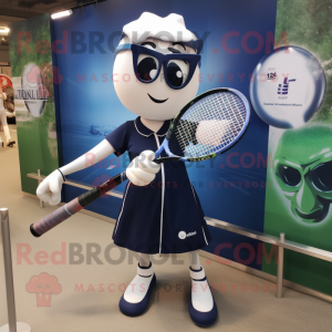 Navy Tennis Racket mascot costume character dressed with a Midi Dress and Tie pins