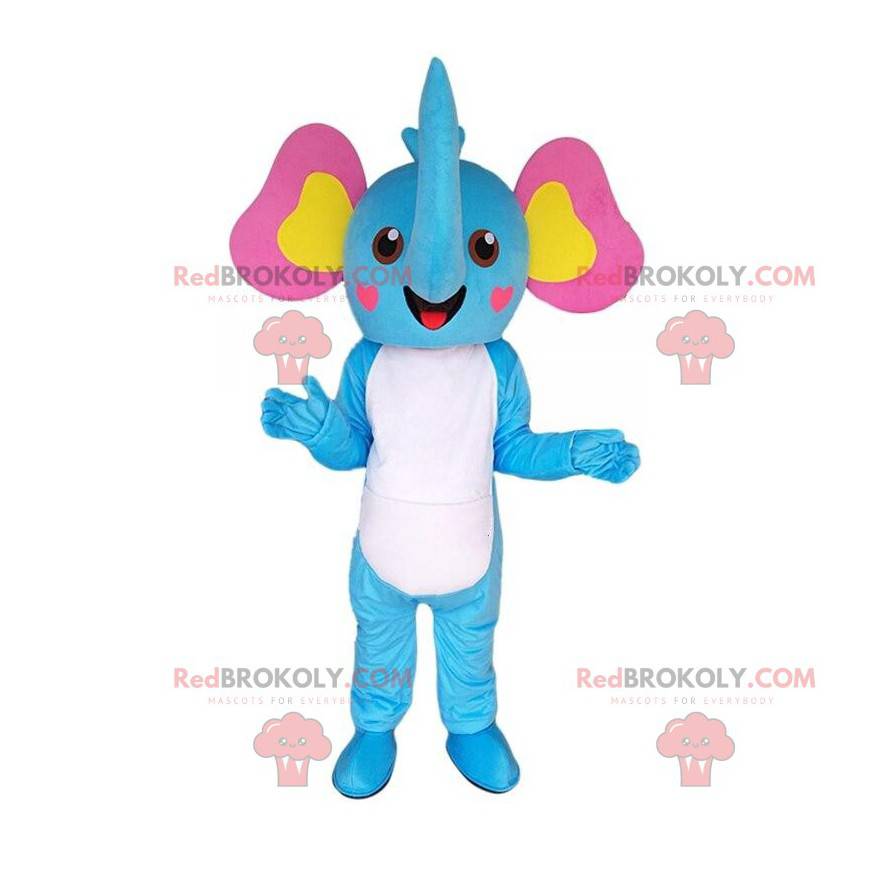 Mascotte d'éléphant bleu, blanc, jaune et rose, costume