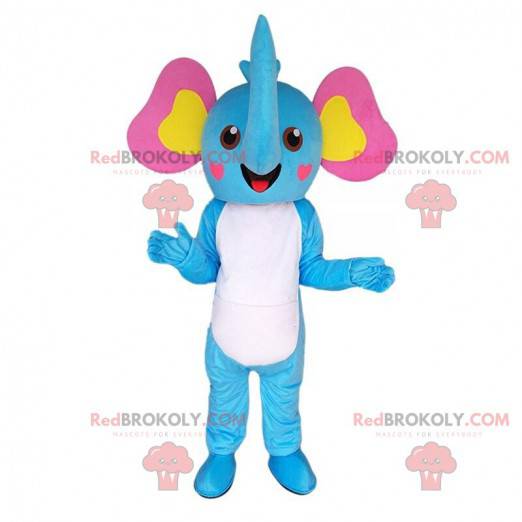 Mascote elefante azul, branco, amarelo e rosa, fantasia de