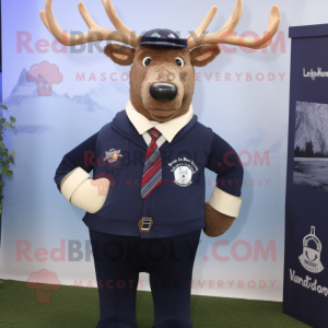 Navy Elk mascot costume character dressed with a Henley Shirt and Tie pins