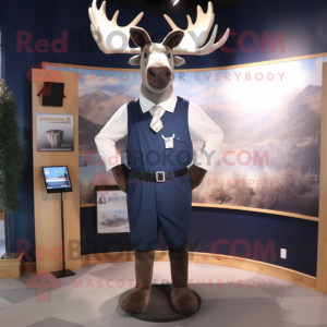 Navy Elk mascot costume character dressed with a Henley Shirt and Tie pins