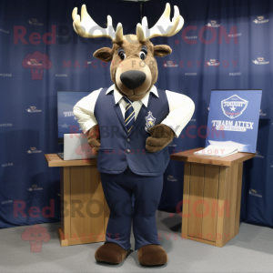 Navy Elk mascot costume character dressed with a Henley Shirt and Tie pins