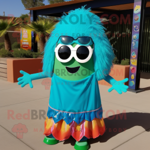 Turquoise Enchiladas mascot costume character dressed with a A-Line Skirt and Sunglasses