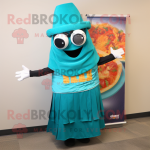 Turquoise Enchiladas mascot costume character dressed with a A-Line Skirt and Sunglasses