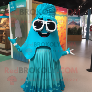 Turquoise Enchiladas mascot costume character dressed with a A-Line Skirt and Sunglasses