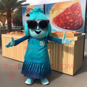 Turquoise Enchiladas mascot costume character dressed with a A-Line Skirt and Sunglasses