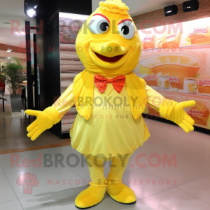 Lemon Yellow Butter Chicken mascot costume character dressed with a Long Sleeve Tee and Bow ties