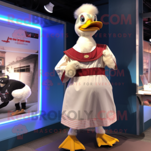 Cream Muscovy Duck mascot costume character dressed with a Mini Dress and Suspenders