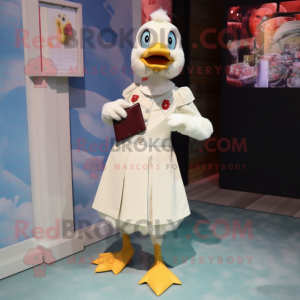 Cream Muscovy Duck mascot costume character dressed with a Mini Dress and Suspenders