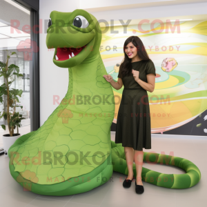 Olive Anaconda mascot costume character dressed with a Sheath Dress and Foot pads