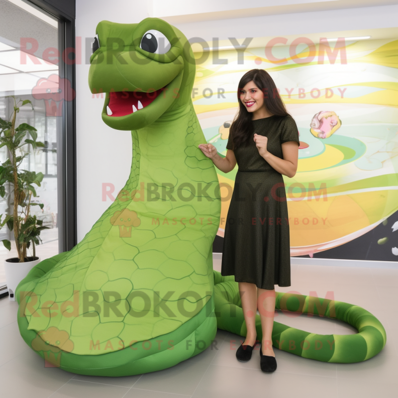 Olive Anaconda mascot costume character dressed with a Sheath Dress and Foot pads Olive Anaconda mascot costume character dressed with a Sheath Dress and Foot pads