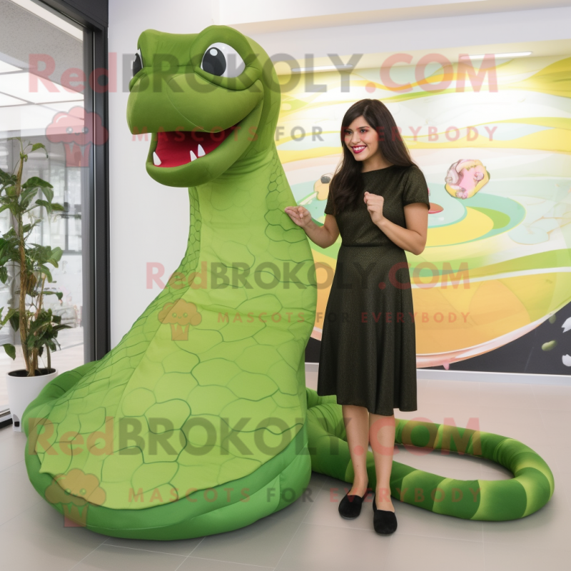 Olive Anaconda mascot costume character dressed with a Sheath Dress and Foot pads