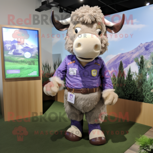 Lavender Buffalo mascot costume character dressed with a Graphic Tee and Lapel pins