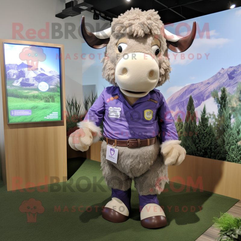 Lavender Buffalo mascot costume character dressed with a Graphic Tee and Lapel pins Lavender Buffalo mascot costume character dressed with a Graphic Tee and Lapel pins