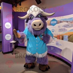 Lavender Buffalo mascot costume character dressed with a Graphic Tee and Lapel pins