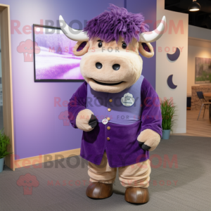Lavender Buffalo mascot costume character dressed with a Graphic Tee and Lapel pins