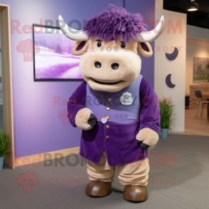 Lavender Buffalo mascot costume character dressed with a Graphic Tee and Lapel pins