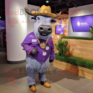 Lavender Buffalo mascot costume character dressed with a Graphic Tee and Lapel pins
