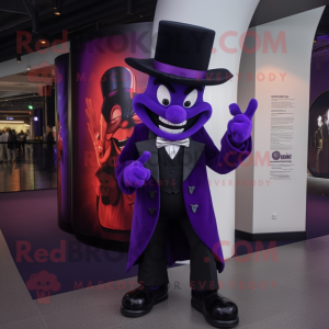 Purple Devil mascot costume character dressed with a Tuxedo and Hats