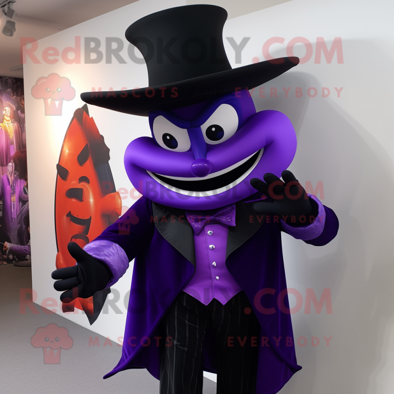 Purple Devil mascot costume character dressed with a Tuxedo and Hats Purple Devil mascot costume character dressed with a Tuxedo and Hats