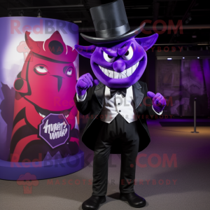 Purple Devil mascot costume character dressed with a Tuxedo and Hats