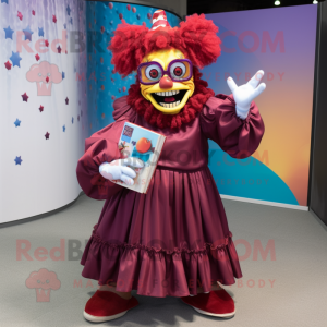 Maroon Evil Clown mascot costume character dressed with a Maxi Skirt and Reading glasses