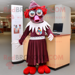 Maroon Evil Clown mascot costume character dressed with a Maxi Skirt and Reading glasses