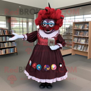 Maroon Evil Clown mascot costume character dressed with a Maxi Skirt and Reading glasses