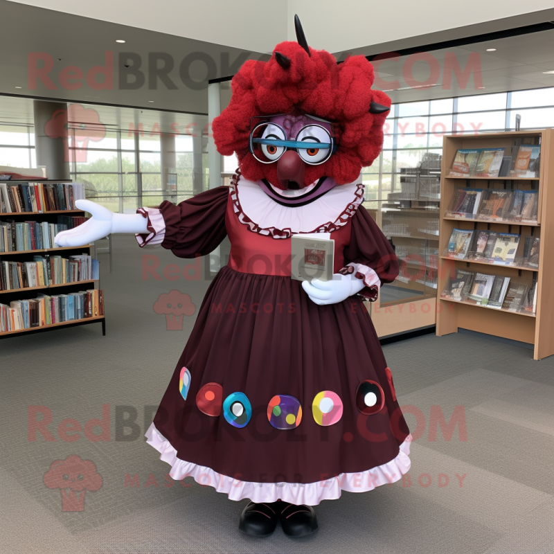 Maroon Evil Clown mascot costume character dressed with a Maxi Skirt and Reading glasses Maroon Evil Clown mascot costume character dressed with a Maxi Skirt and Reading glasses