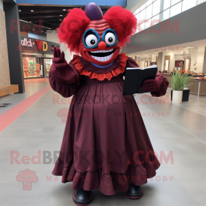 Maroon Evil Clown mascot costume character dressed with a Maxi Skirt and Reading glasses