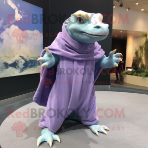 Lavender Komodo Dragon mascot costume character dressed with a Jumpsuit and Shawl pins