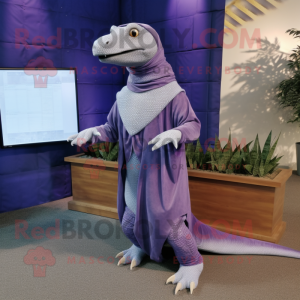 Lavender Komodo Dragon mascot costume character dressed with a Jumpsuit and Shawl pins