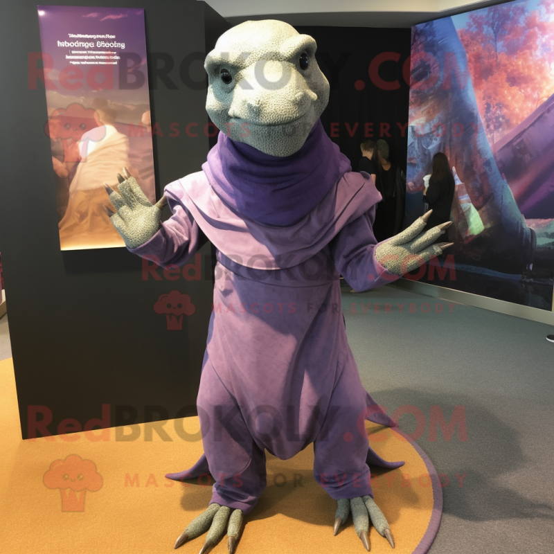 Lavender Komodo Dragon mascot costume character dressed with a Jumpsuit and Shawl pins